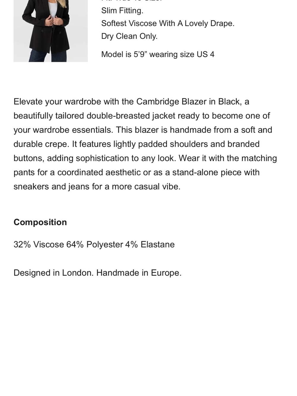 Saint+Sofia. Cambridge Crepe, Black Double-Breasted Blazer. Excellent condition - Picture 15 of 16